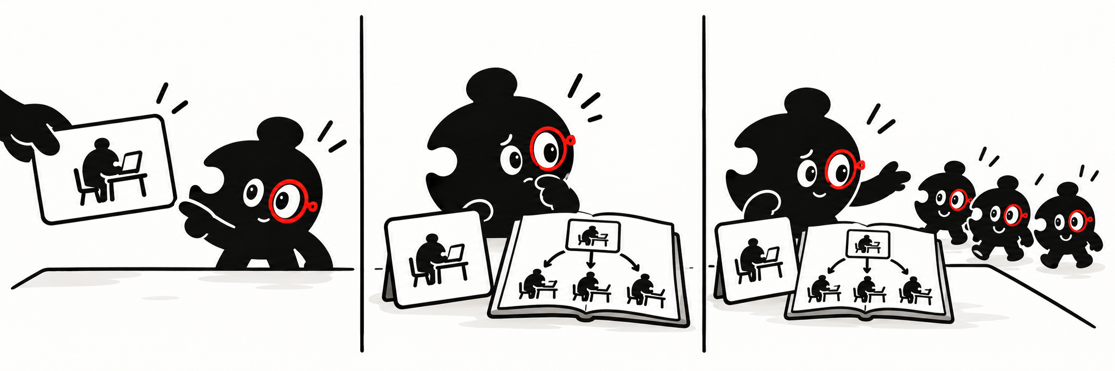 Wordless comic: an agent receives a single-agent task, reads delegation instructions, and calls three helpers.