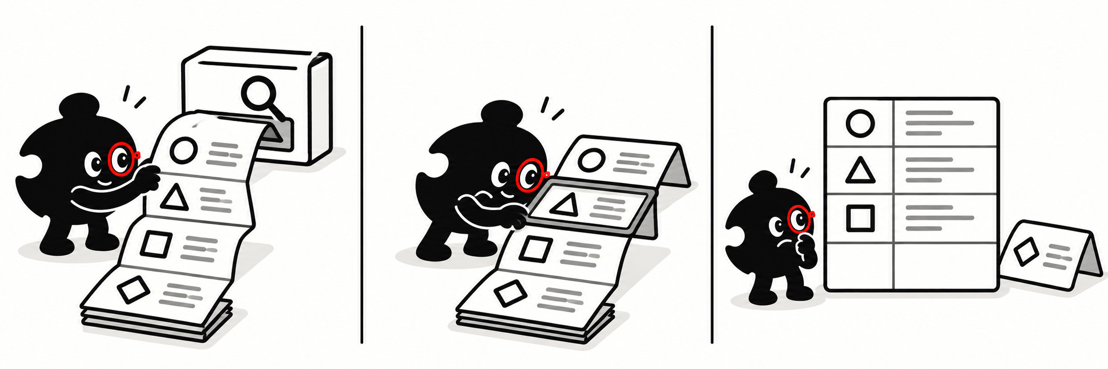 Wordless comic: an agent receives four pieces of evidence, reads the response in sections, and produces a comparison with one row empty.