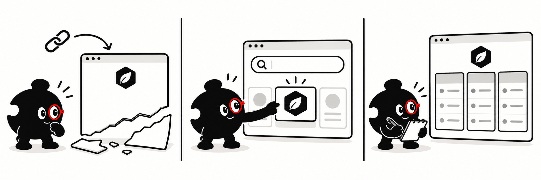 Wordless comic: an agent encounters a broken page, searches within the same website, and takes notes from an intact pricing page.